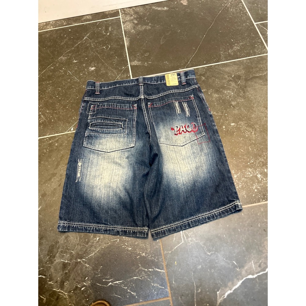 Paco Jeans Mens 34 Denim Shorts Baggy Y2K Embroidered Distressed Blue Jorts